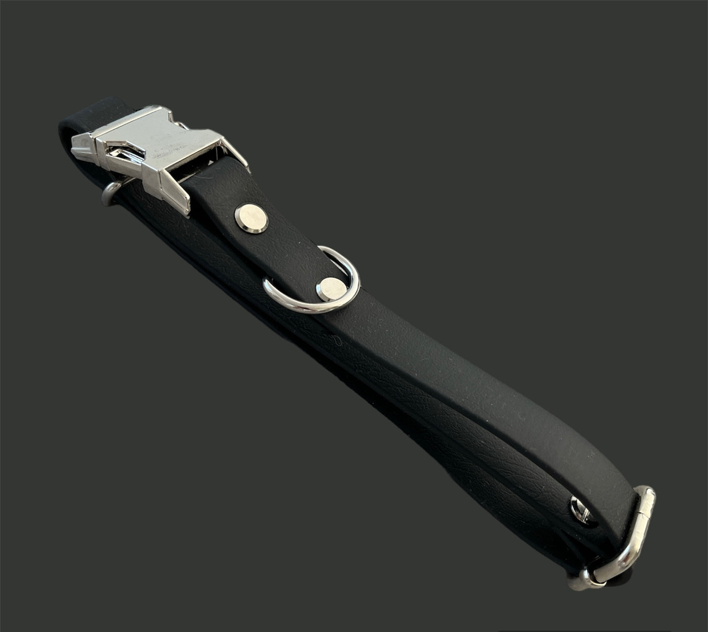 Quick-release BioThane® dog collar in Black, featuring a sturdy plastic buckle for easy on-and-off, with a sleek, waterproof, and durable design.