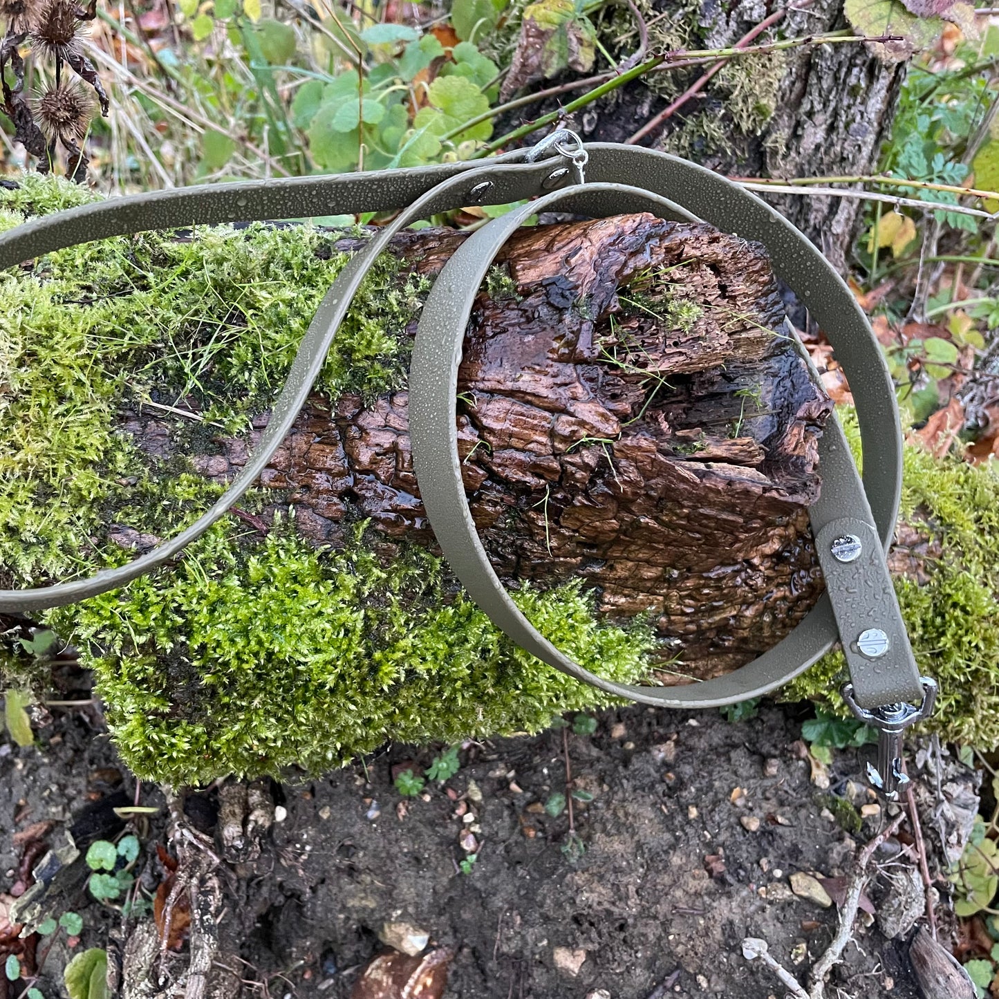 Standard 1.2m BioThane® dog lead in Olive Green, featuring a durable design with a secure metal clasp for easy attachment to a collar or harness.