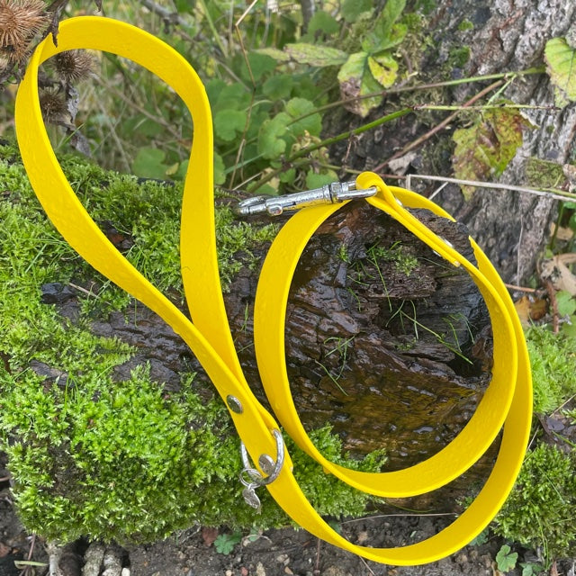 Standard 1.2m BioThane® dog lead in Sunny Yellow, featuring a durable design with a secure metal clasp for easy attachment to a collar or harness.
