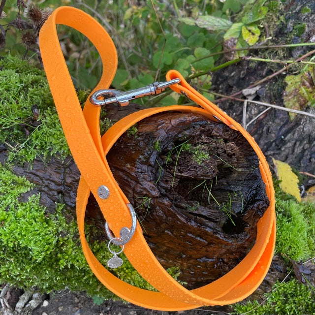 Standard 1.2m BioThane® dog lead in Tangy Orange, featuring a durable design with a secure metal clasp for easy attachment to a collar or harness.