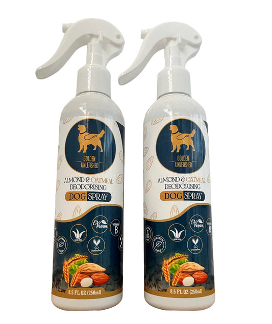 Our bottled Almond and Oatmeal deodorising conditioning spray for dogs, photographed onto a white background 