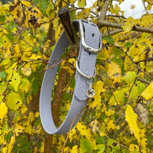 Our standard 1-metre Ash Grey BioThane® collar, pictured on a bark branch surrounded with green moss to show off the colour