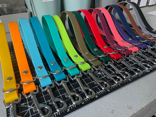 BioThane® Dog Traffic Handles laid out in a variety of colours
