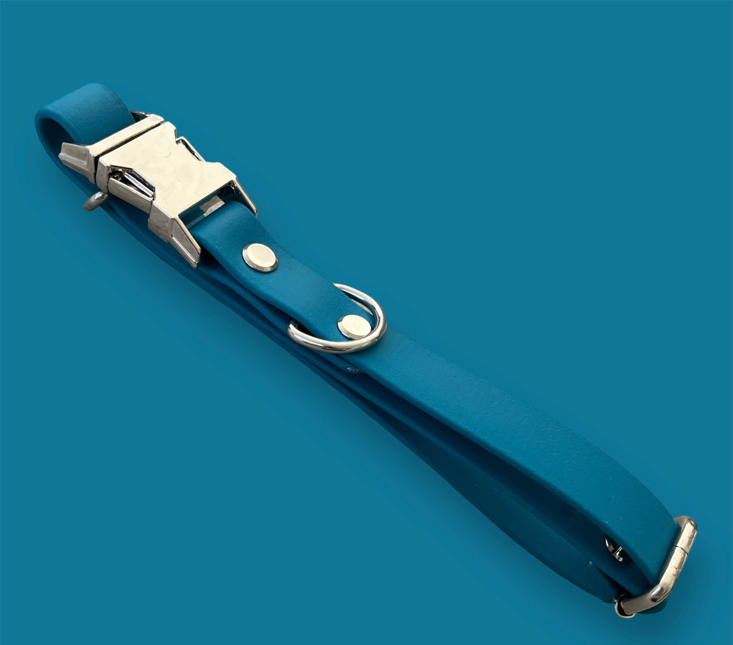 Quick-release BioThane® dog collar in Blue Lagoon, featuring a sturdy plastic buckle for easy on-and-off, with a sleek, waterproof, and durable design.