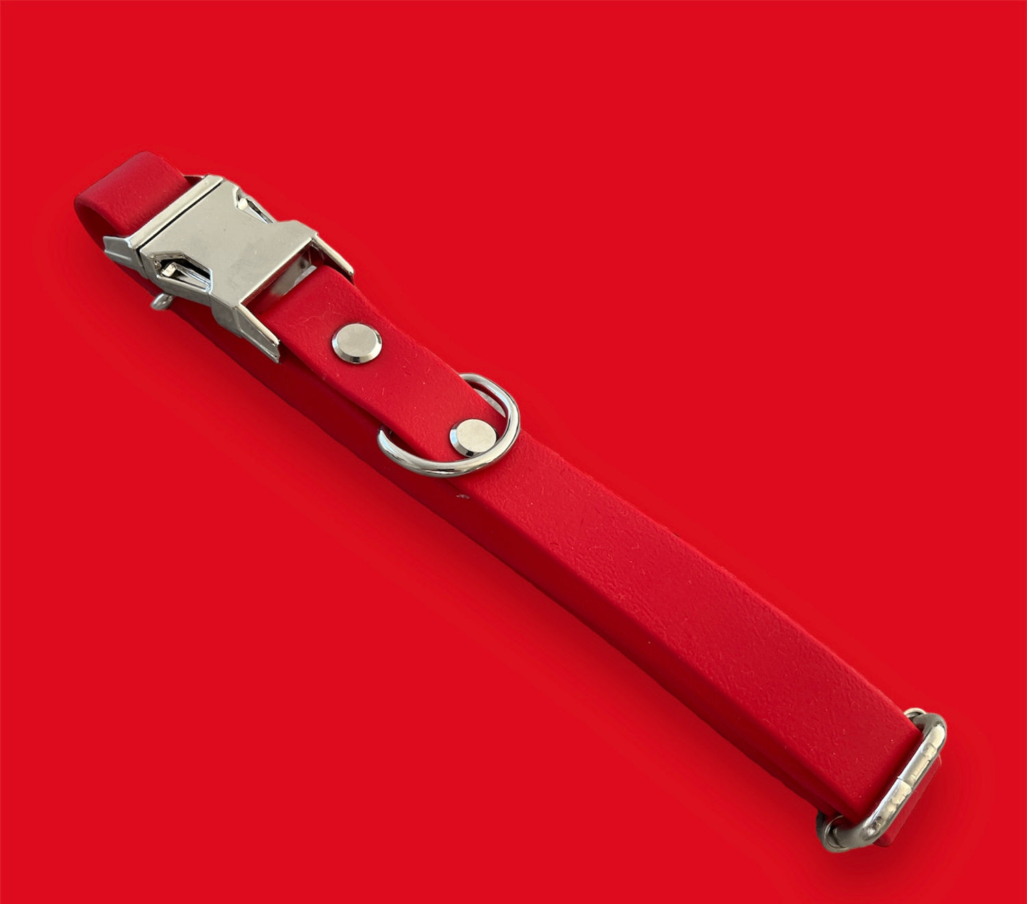 Quick-release BioThane® dog collar in Cherry Red, featuring a sturdy plastic buckle for easy on-and-off, with a sleek, waterproof, and durable design.