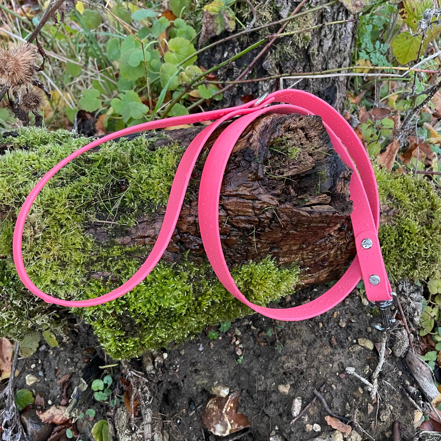 Standard 1.2m BioThane® dog lead in Coral Pink, featuring a durable design with a secure metal clasp for easy attachment to a collar or harness.