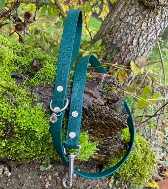 Standard 1.2m BioThane® dog lead in Forest Green, featuring a durable design with a secure metal clasp for easy attachment to a collar or harness.